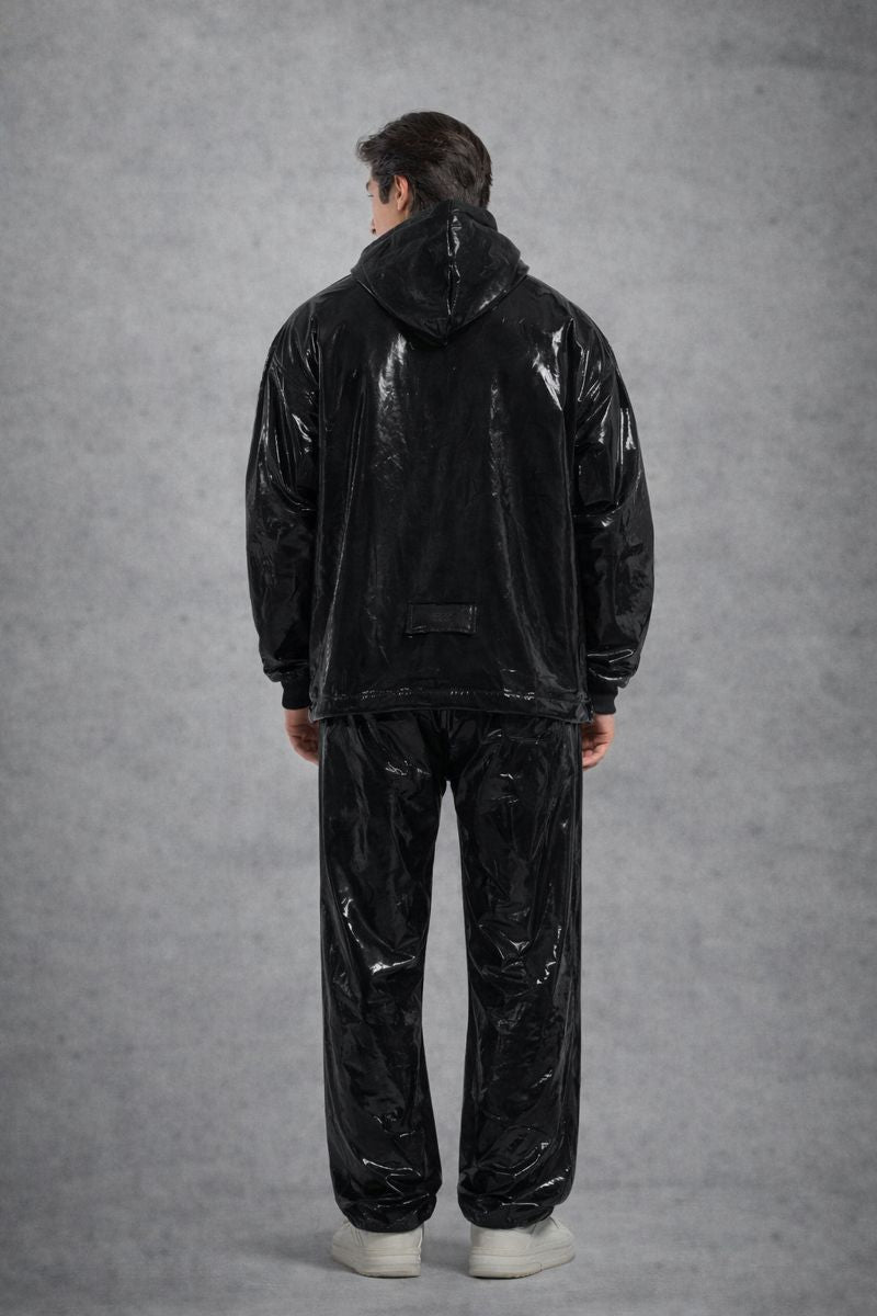 Shiny Black PVC Hoodie Set for Men  Glossy Urban Wear