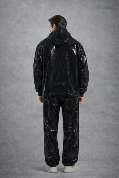 Shiny Black PVC Hoodie Set for Men  Glossy Urban Wear