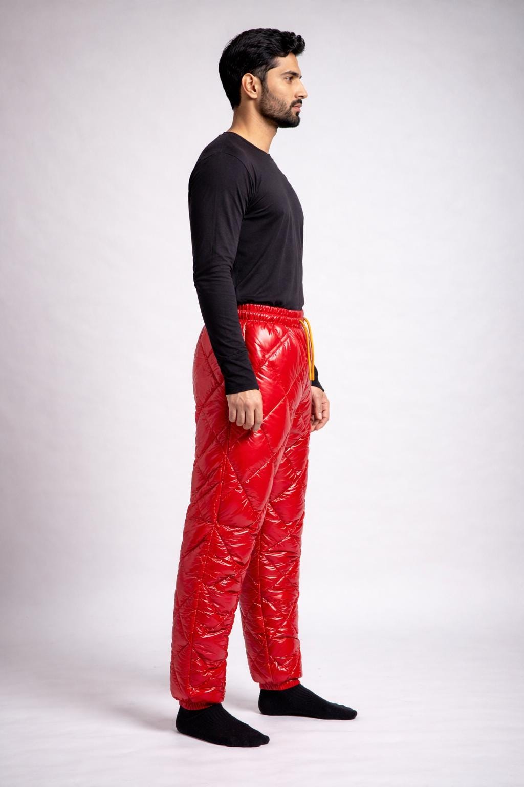 Glossy Red Quilted Nylon Puffer Pants Insulated Winter Trousers