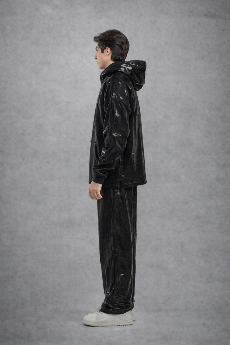 Shiny Black PVC Hoodie Set for Men  Glossy Urban Wear