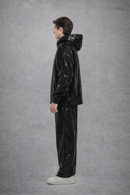 Shiny Black PVC Hoodie Set for Men  Glossy Urban Wear
