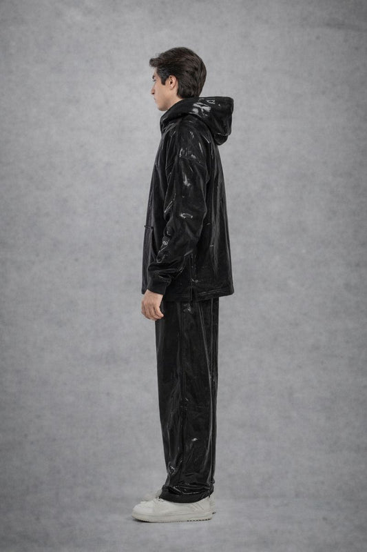 Shiny Black PVC Hoodie Set for Men  Glossy Urban Wear