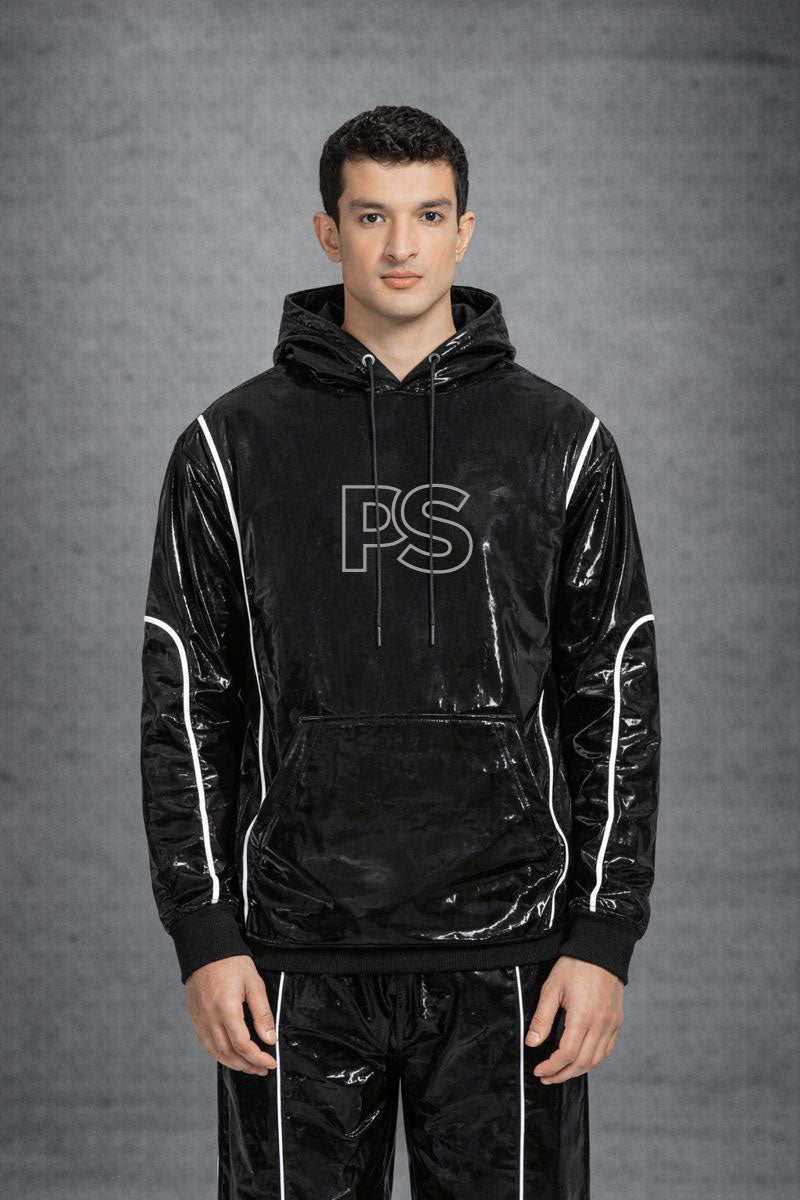 Jet Black Gloss PVC Hoodie Set with Contrast Piping