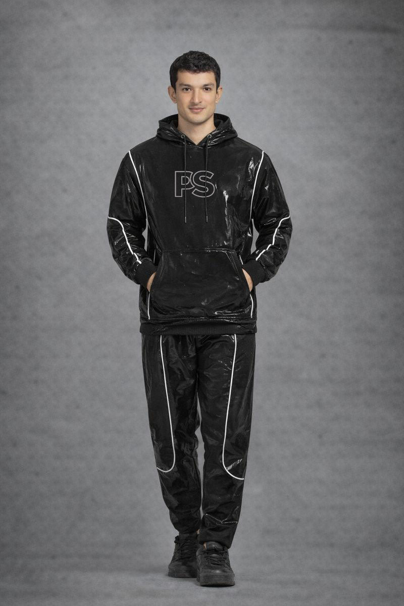 Jet Black Gloss PVC Hoodie Set with Contrast Piping