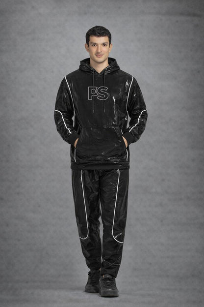 Jet Black Gloss PVC Hoodie Set with Contrast Piping