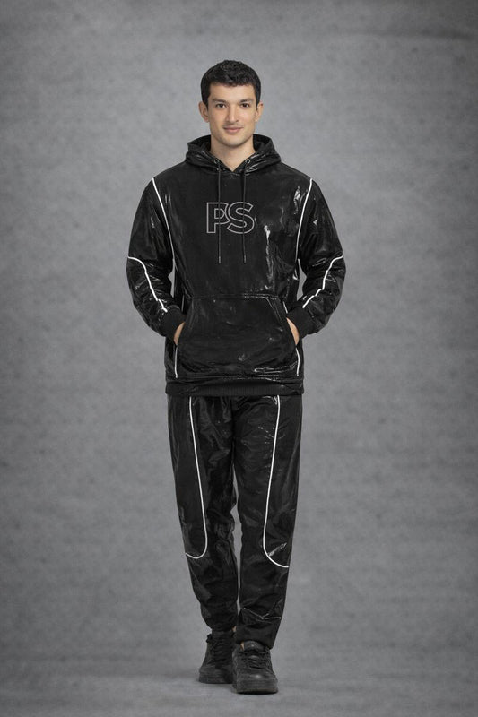 Jet Black Gloss PVC Hoodie Set with Contrast Piping