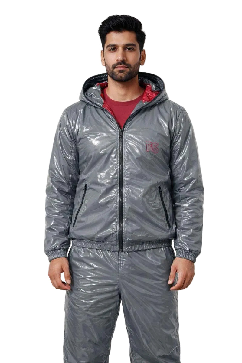Men’s Shiny Nylon Tracksuit Silver Wet-Look Two-Piece Set