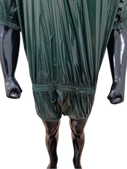 Unisex Drack Green Shiny  Onesie Glossy Hooded Quilted Romper