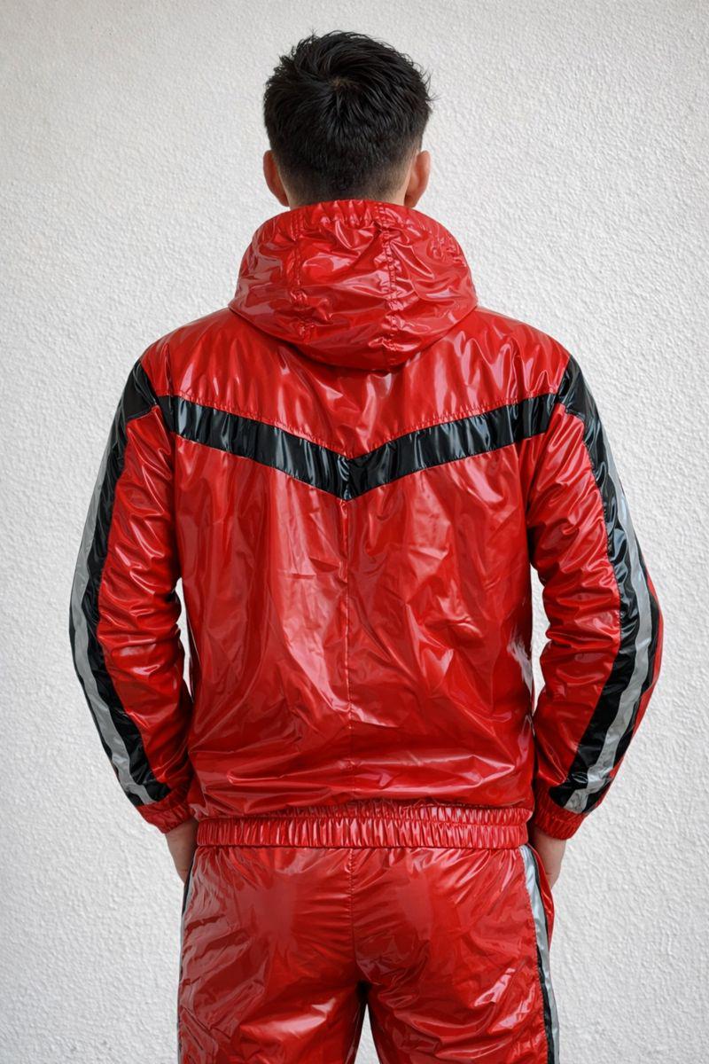 Shiny Red Nylon Track Suit with Chevron Stripe Design