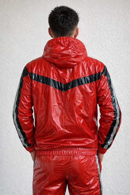 Shiny Red Nylon Track Suit with Chevron Stripe Design