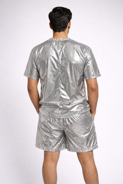 Shiny Silver Nylon Lightweight T-Shirt & Shorts Set
