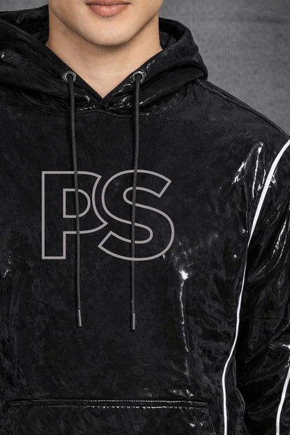 Jet Black Gloss PVC Hoodie Set with Contrast Piping