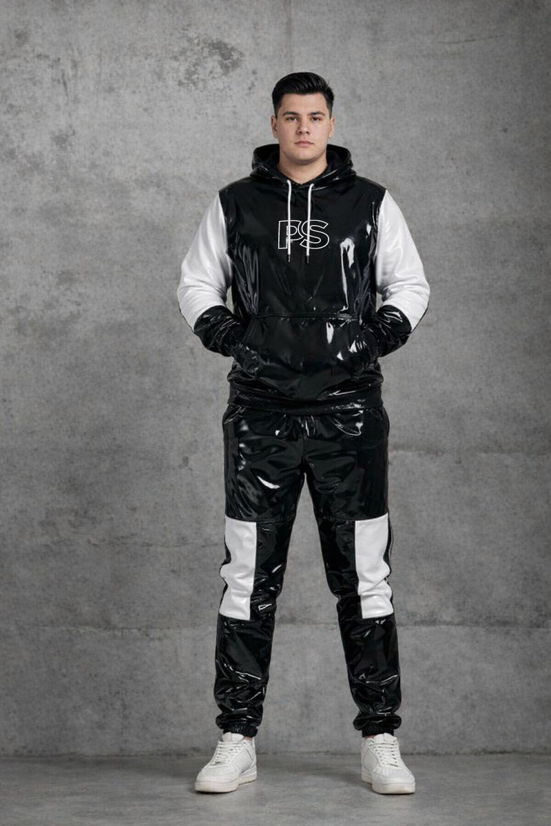 Black Patent PVC Tracksuit with White Panel Contrast