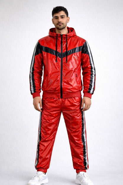 Shiny Nylon Tracksuit Red Gloss Lightweight Set