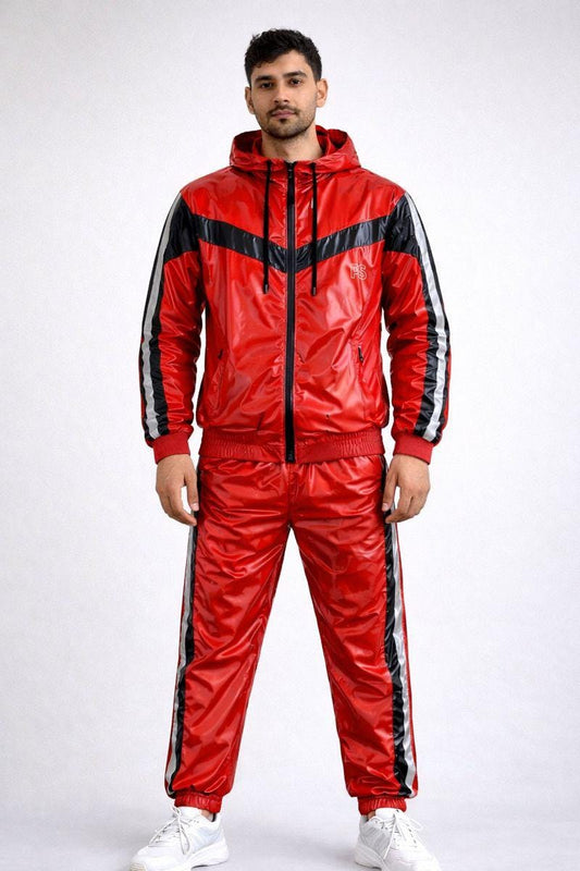 Shiny Nylon Tracksuit Red Gloss Lightweight Set