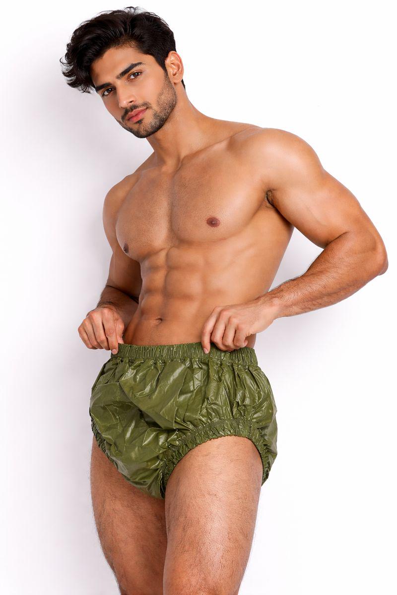 Olive Green High-Waist Gloss Nylon Briefs