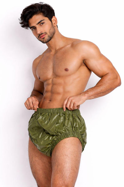 Olive Green High-Waist Gloss Nylon Briefs