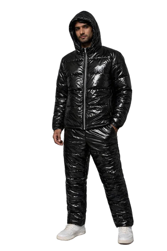 Men's Shiny Puffy Snowsuit: Off White Waterproof Jumpsuit