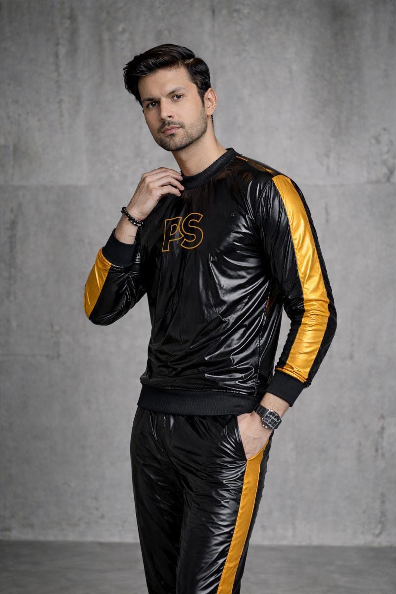 Shiny Black Nylon Tracksuit with Metallic Gold Accent Stripes