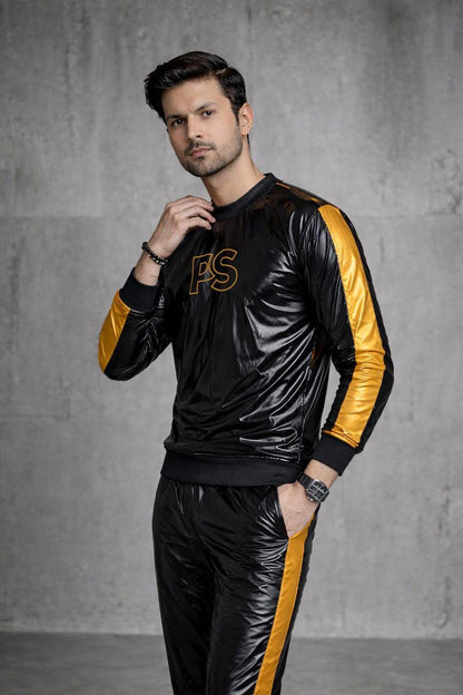 Shiny Black Nylon Tracksuit with Metallic Gold Accent Stripes