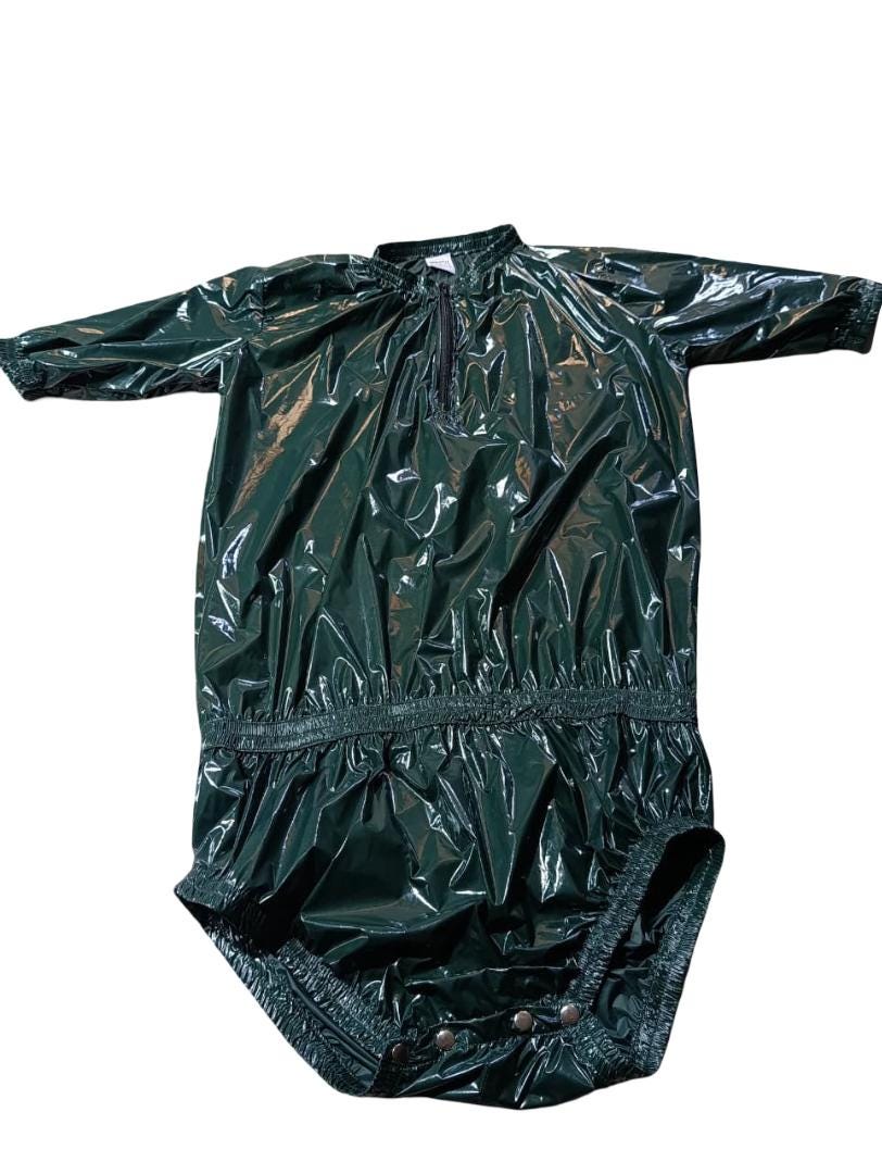 Unisex Drack Green Shiny  Onesie Glossy Hooded Quilted Romper