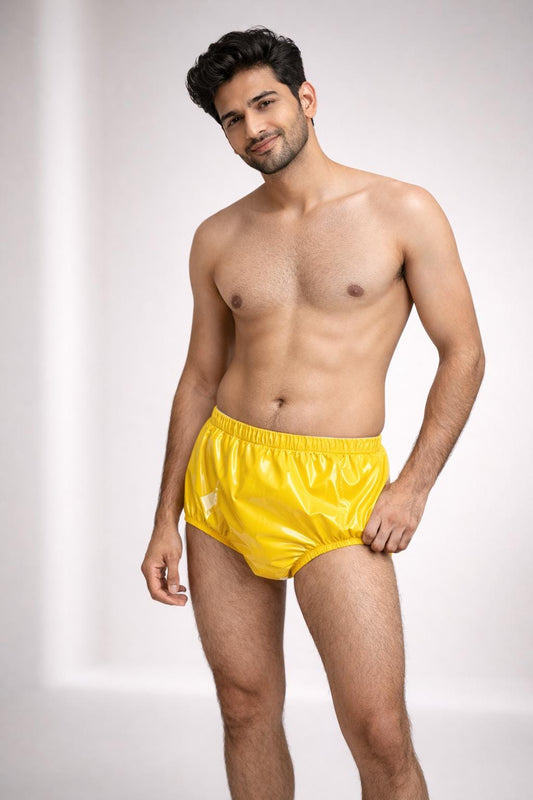 Glossy Yellow Nylon Briefs High-Waisted Shiny Fashion Shorts