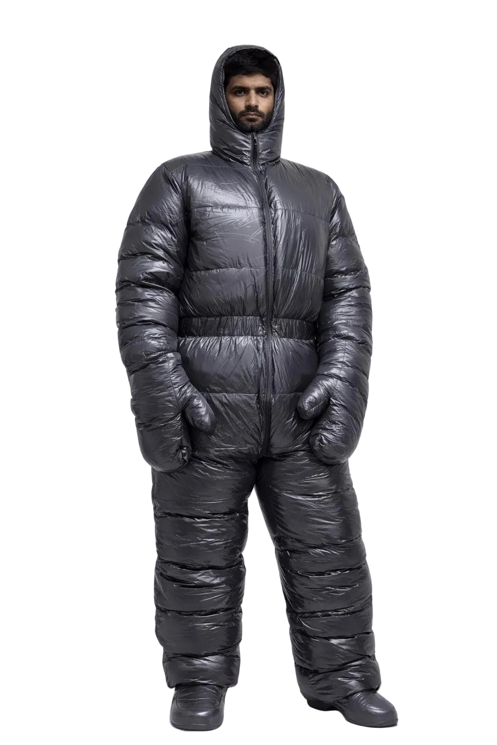 Shiny Gray Nylon Padded Jumpsuit Full Zip Hooded Snowsuit