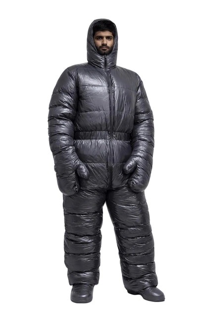 Shiny Gray Nylon Padded Jumpsuit Full Zip Hooded Snowsuit