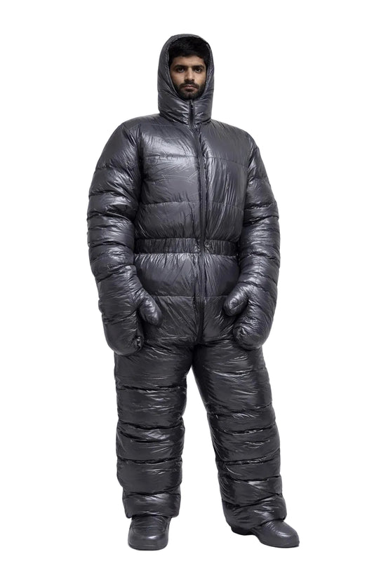 Shiny Gray Nylon Padded Jumpsuit Full Zip Hooded Snowsuit