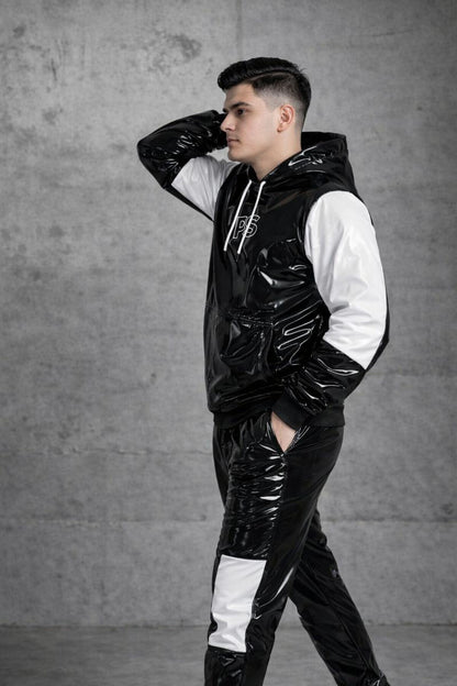 Black Patent PVC Tracksuit with White Panel Contrast