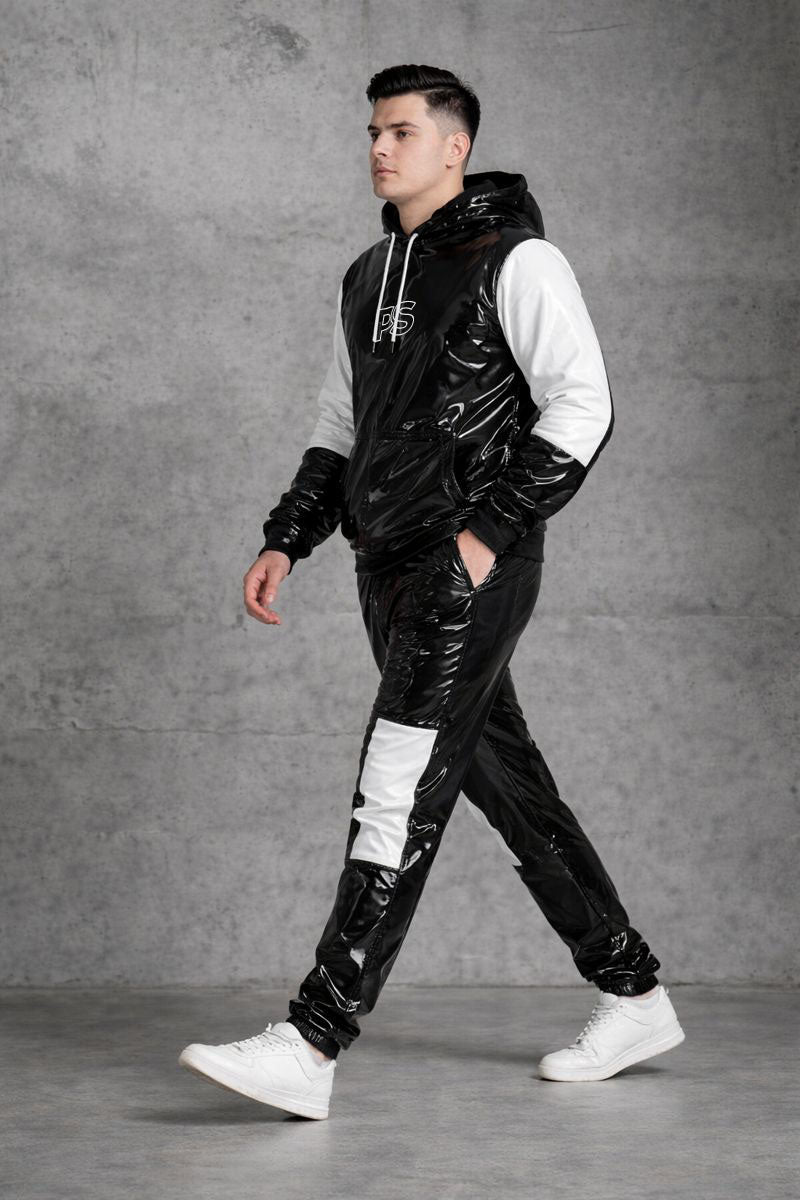 Black Patent PVC Tracksuit with White Panel Contrast