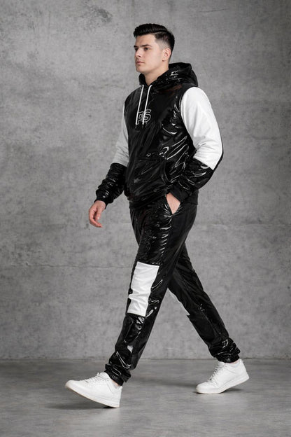 Black Patent PVC Tracksuit with White Panel Contrast