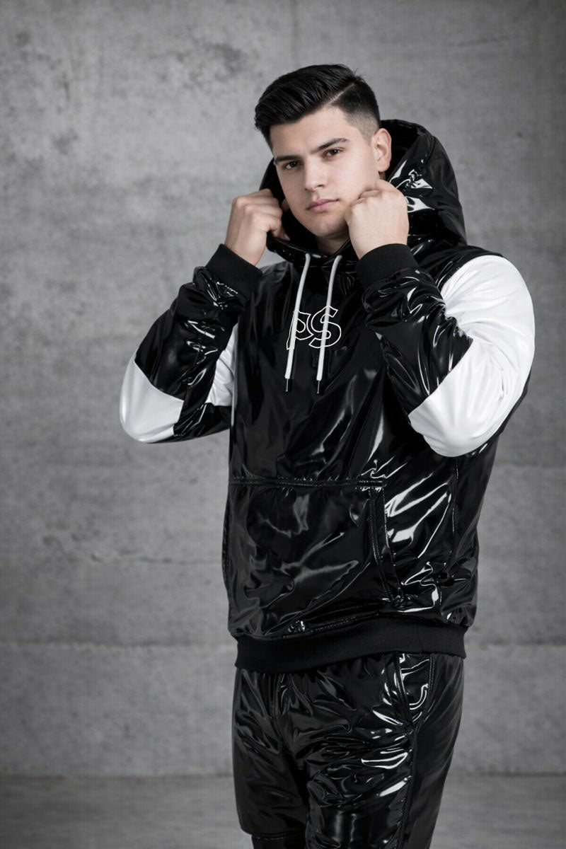 Black Patent PVC Tracksuit with White Panel Contrast