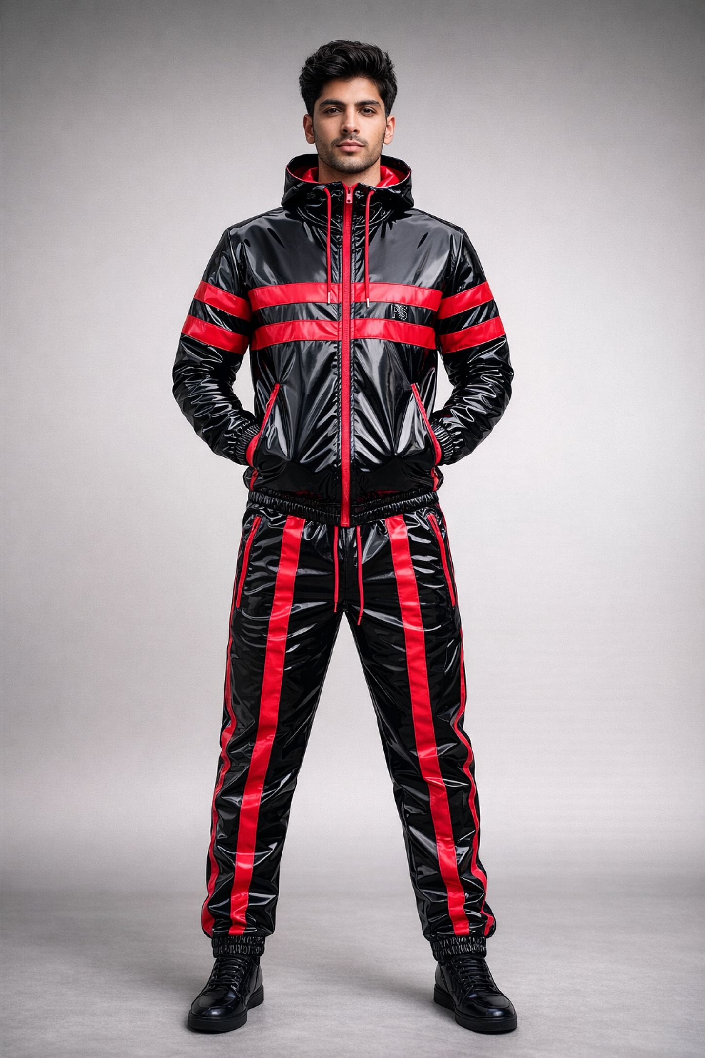 Men’s Glossy Black Patent Tracksuit with Bold Red Stripes