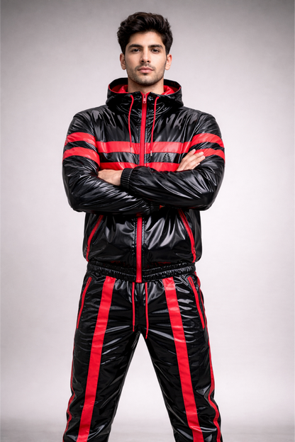 Men’s Glossy Black Patent Tracksuit with Bold Red Stripes