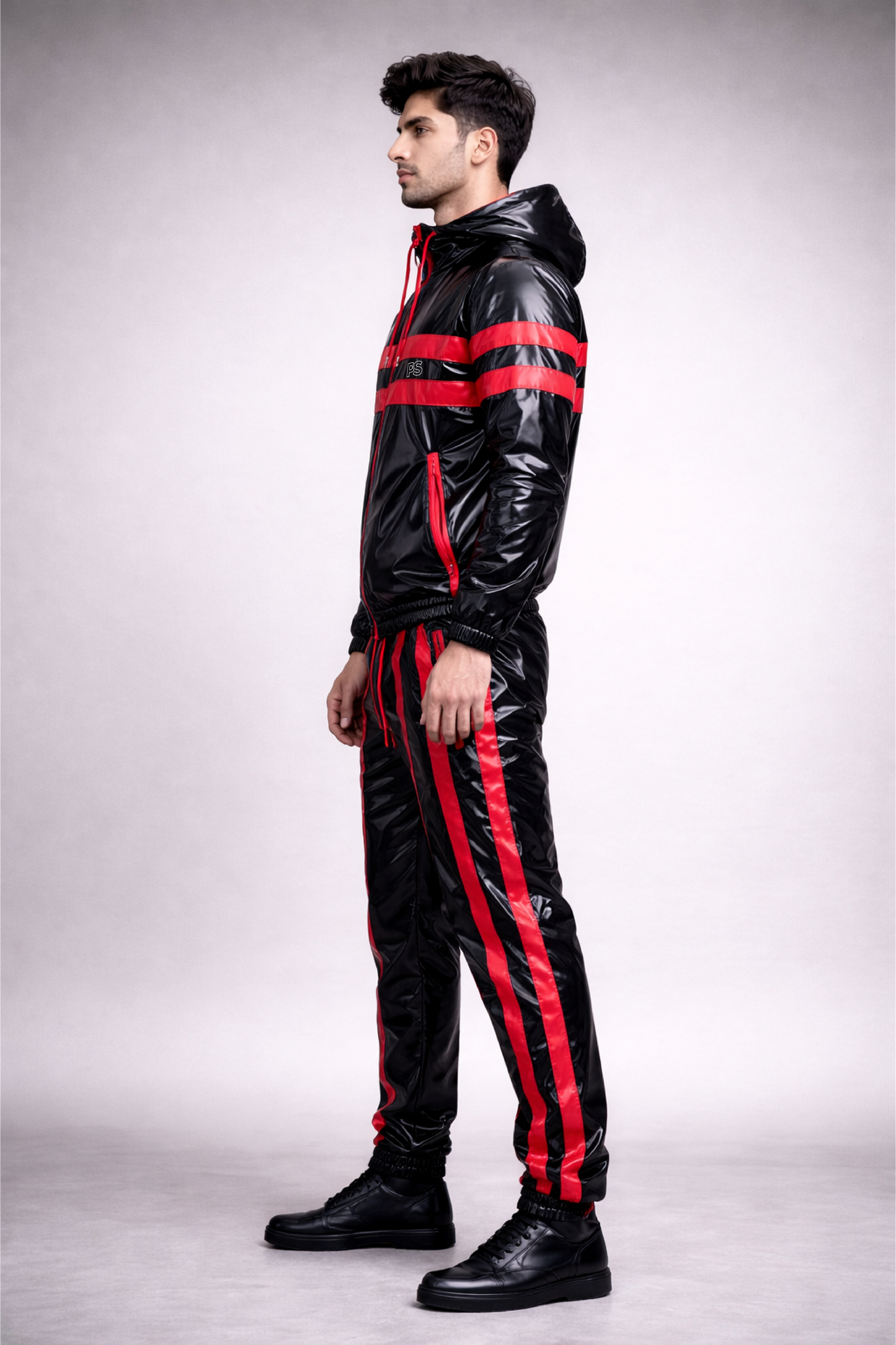 Men’s Glossy Black Patent Tracksuit with Bold Red Stripes