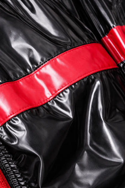 Men’s Glossy Black Patent Tracksuit with Bold Red Stripes