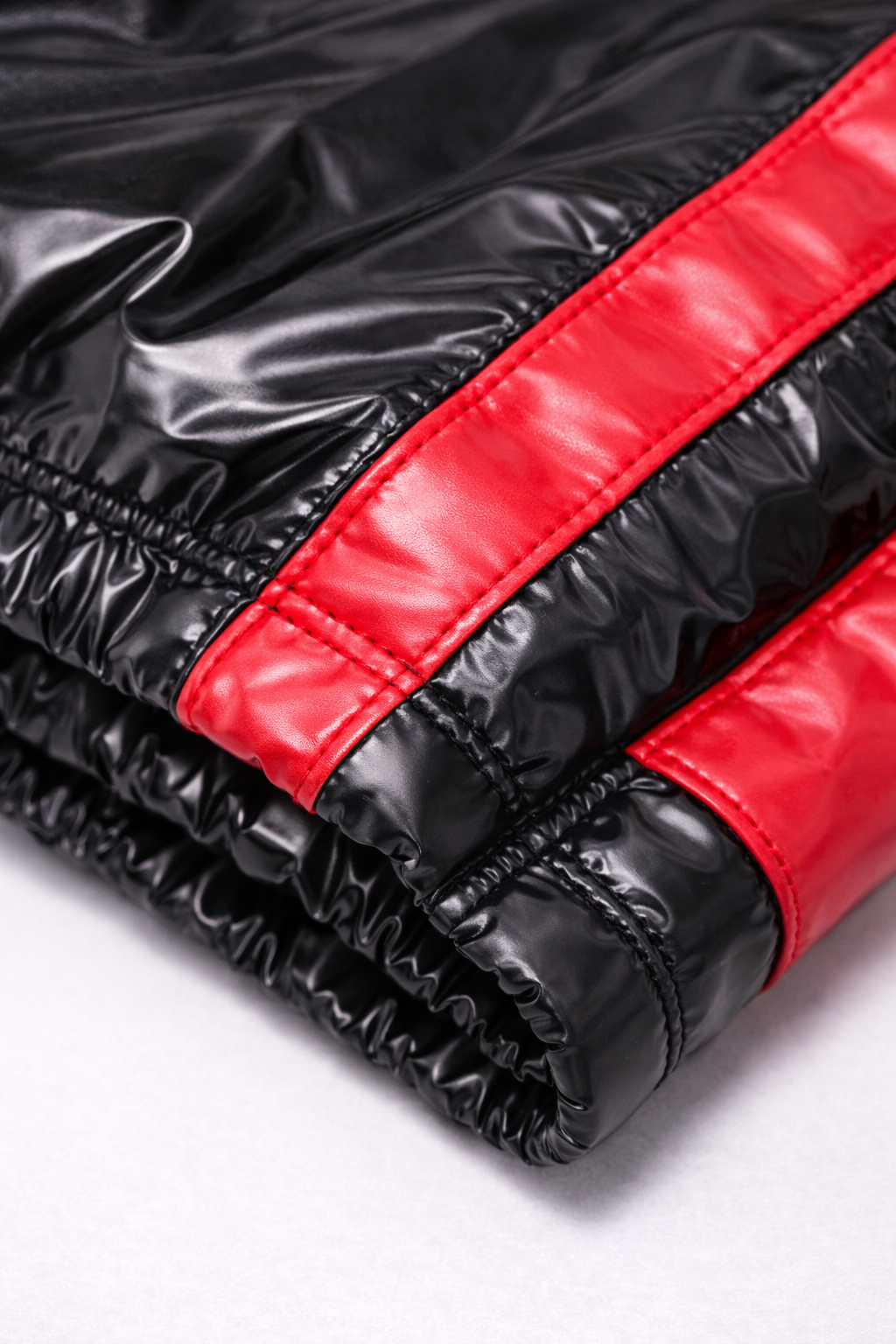 Men’s Glossy Black Patent Tracksuit with Bold Red Stripes