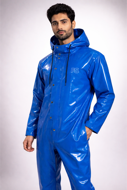 Men’s Glossy Royal Blue PVC Waterproof Jumpsuit with Hood