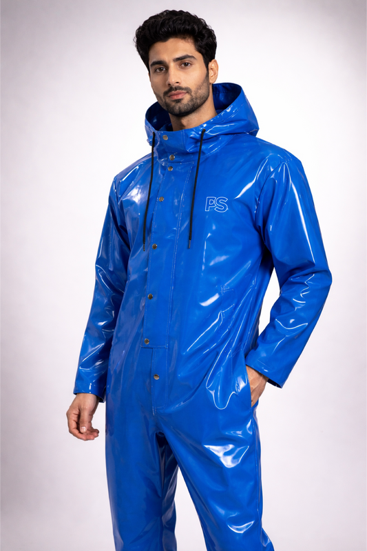 Men’s Glossy Royal Blue PVC Waterproof Jumpsuit with Hood