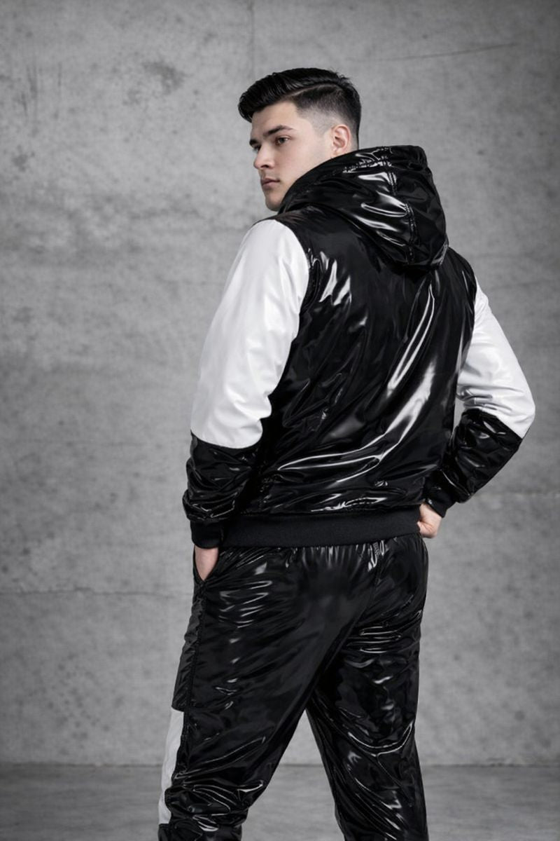 Black Patent PVC Tracksuit with White Panel Contrast