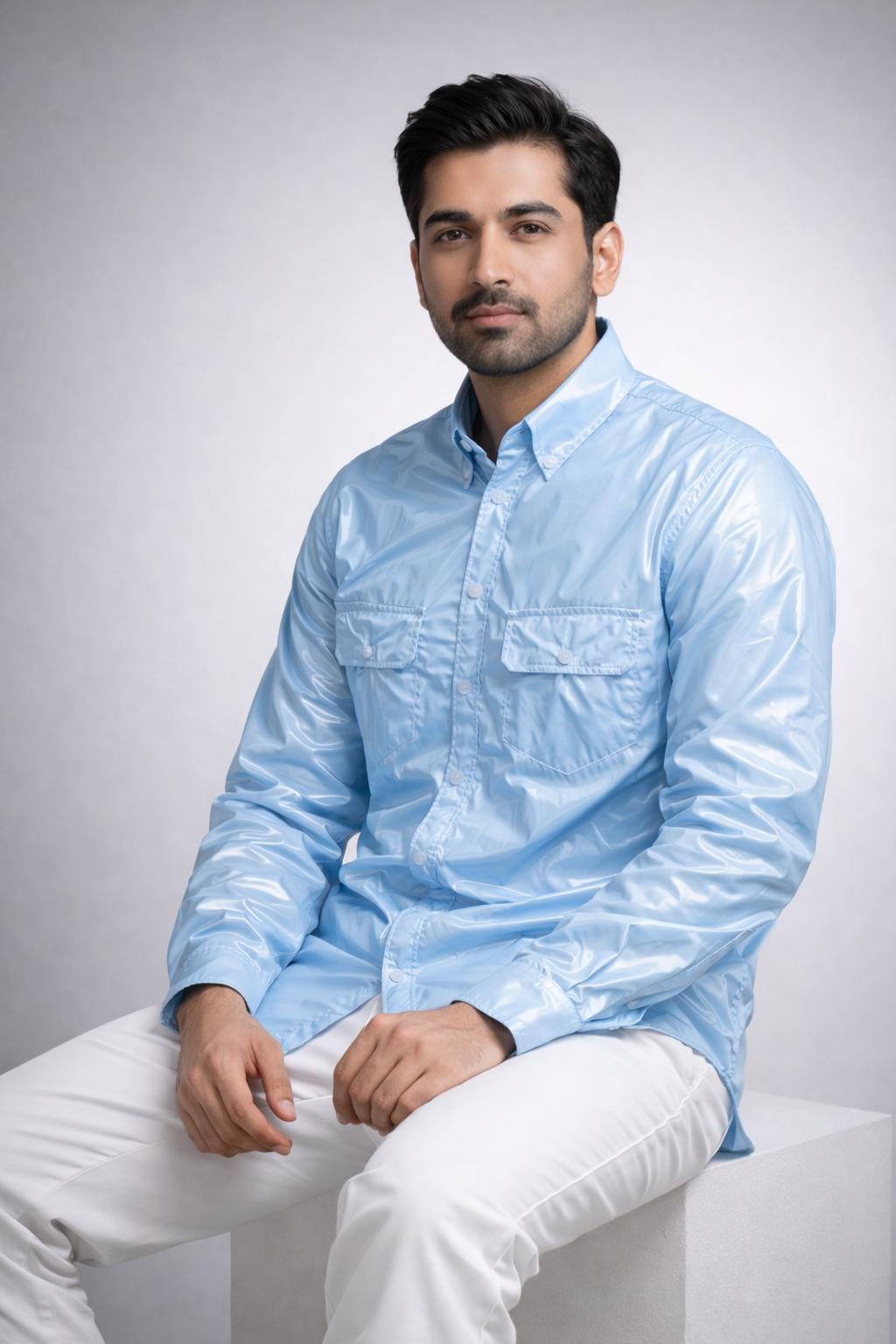 Nylon Shirt Glossy Button Up Long Sleeve with Flap Pockets