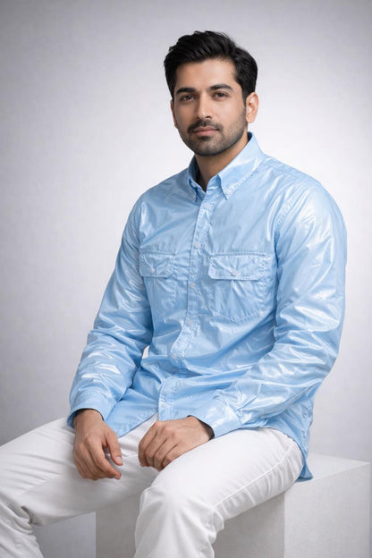 Nylon Shirt Glossy Button Up Long Sleeve with Flap Pockets