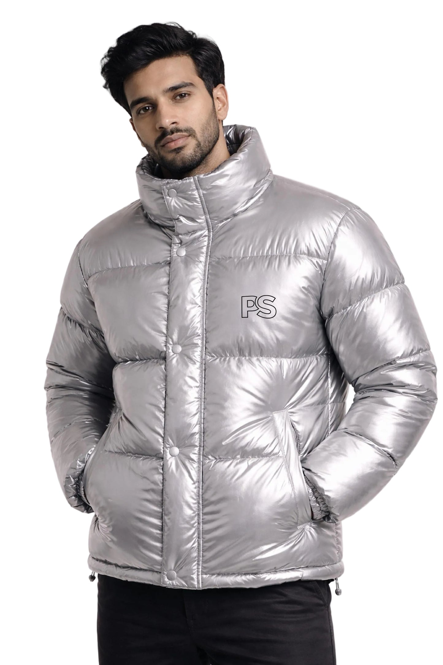 Silver Metallic Puffer Jacket Shiny Insulated Winter Outerwear
