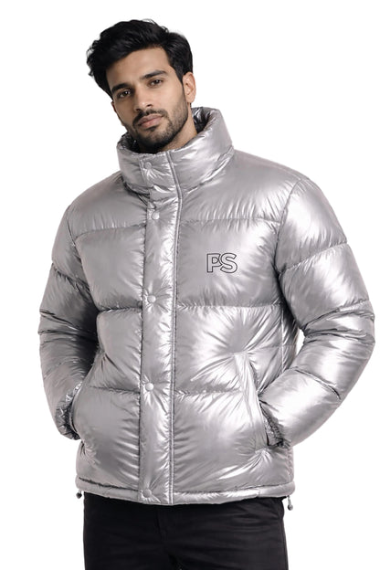 Silver Metallic Puffer Jacket Shiny Insulated Winter Outerwear