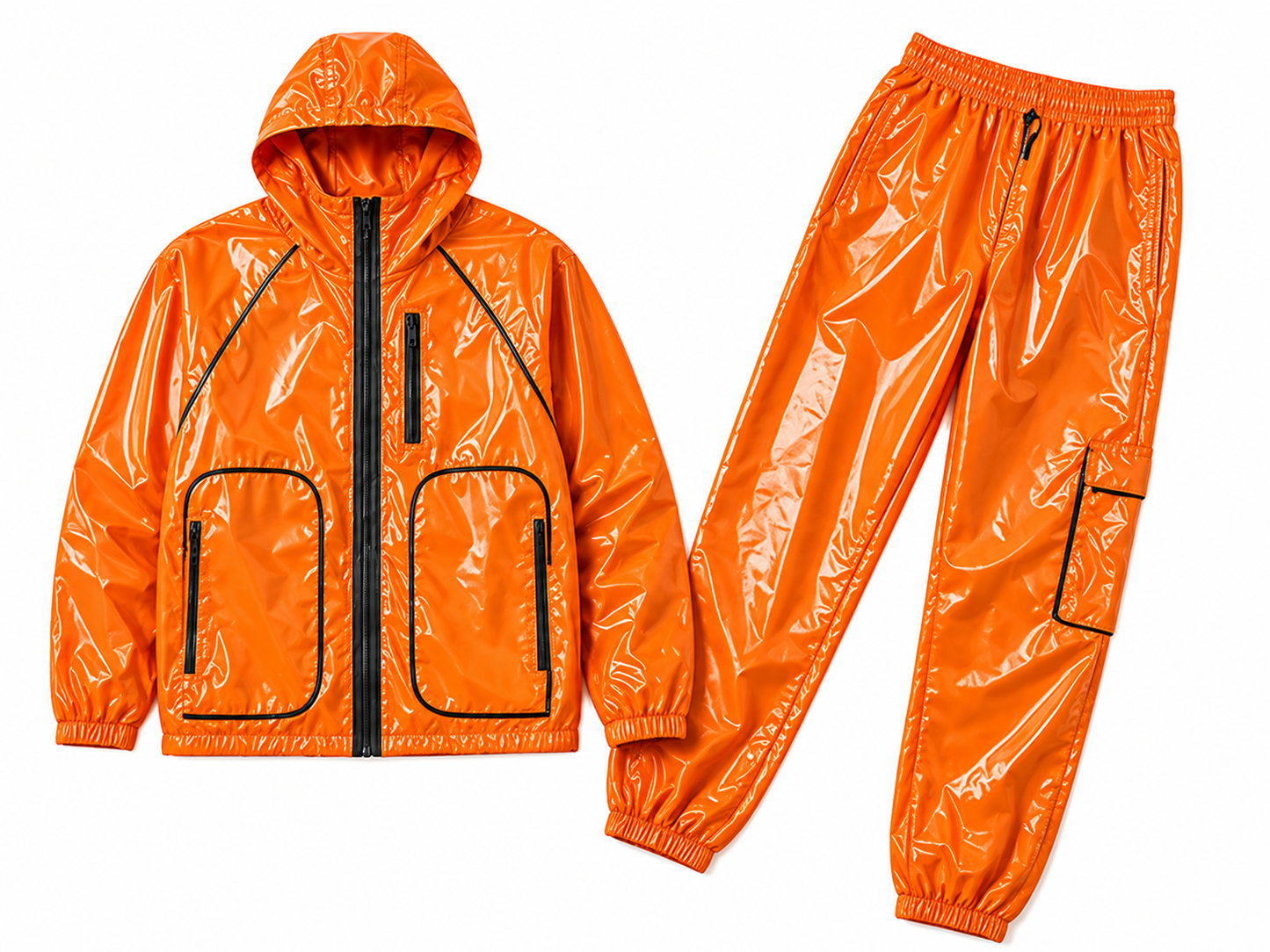 Men’s Orange Glossy Hooded Tracksuit with Cargo Pants