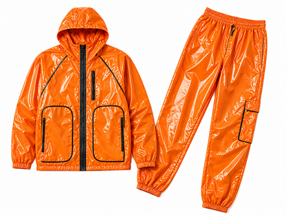 Men’s Orange Glossy Hooded Tracksuit with Cargo Pants