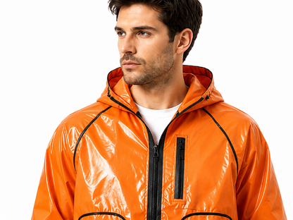 Men’s Orange Glossy Hooded Tracksuit with Cargo Pants