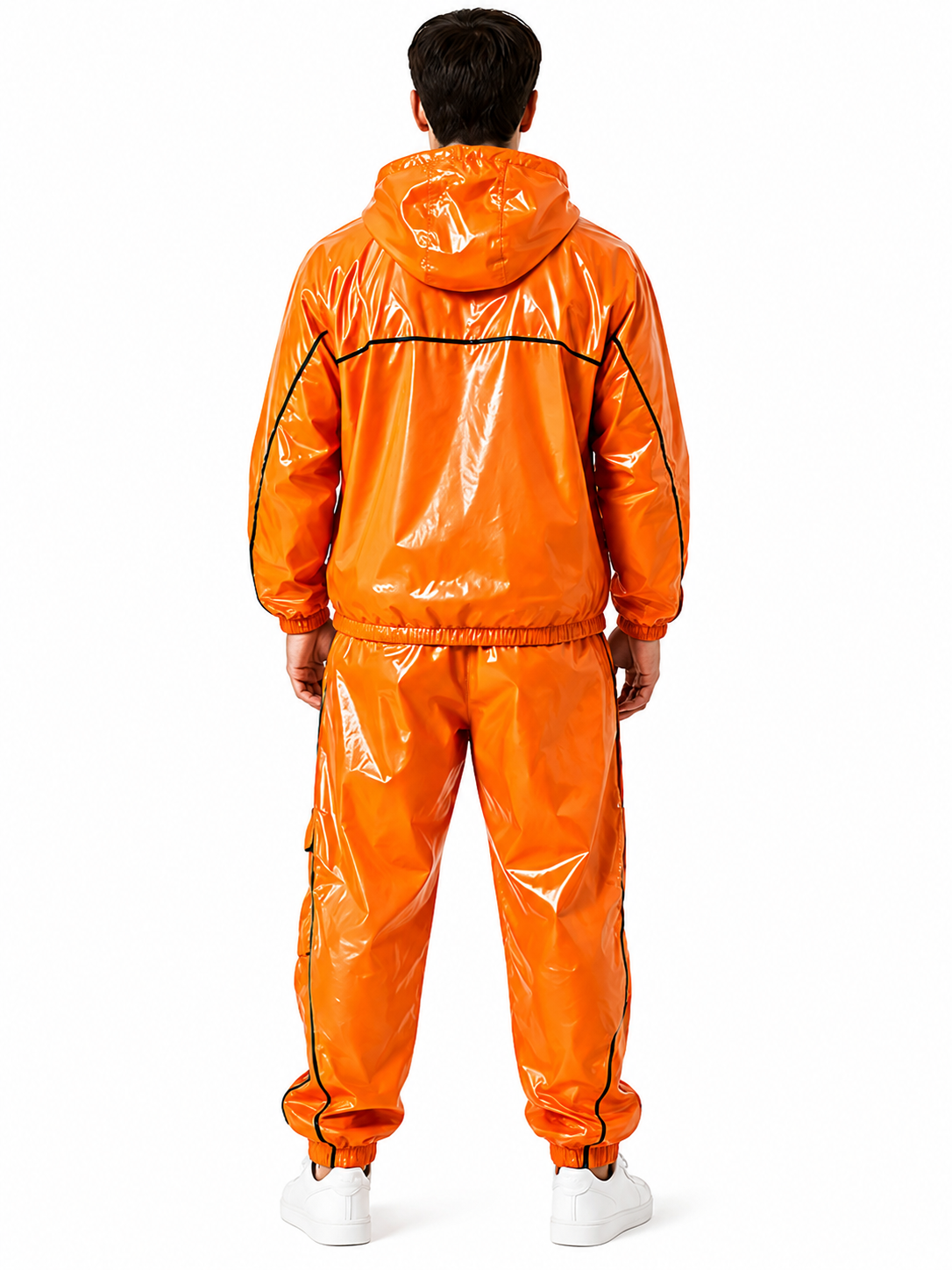 Men’s Orange Glossy Hooded Tracksuit with Cargo Pants