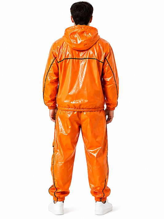 Men’s Orange Glossy Hooded Tracksuit with Cargo Pants